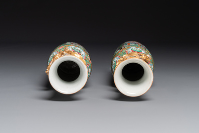 A Chinese Canton famille rose basin and a pair of vases with narrative design, 19th C.