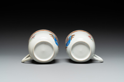 A pair of monogrammed Chinese puce-enamelled plates and a pair of armorial cups and saucers, Yongzheng/Qianlong