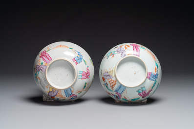 A pair of Chinese famille rose bowls and four plates, Yongzheng/Qianlong