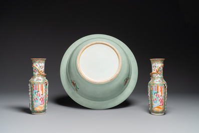 A Chinese Canton famille rose basin and a pair of vases with narrative design, 19th C.