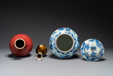 Two Chinese monochrome-glazed vases and a blue and white covered vase, 19th C.
