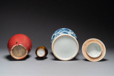 Two Chinese monochrome-glazed vases and a blue and white covered vase, 19th C.