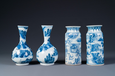 Two pairs of Japanese blue and white vases with figures in a landscape, Edo, 17th C.