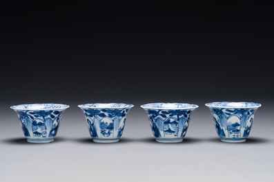 Four Chinese blue and white cups and saucers and a Chinese Imari-style shaving bowl, Kangxi Qianlong