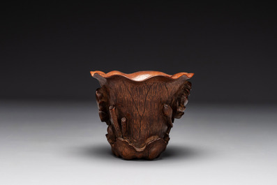 A Chinese carved bamboo 'lotus' libation cup, 17/18th C.