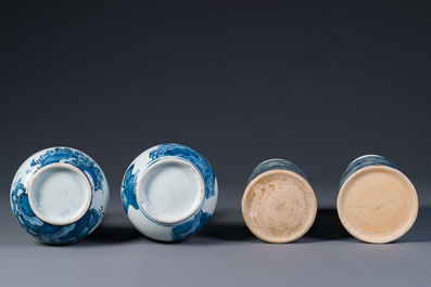 Two pairs of Japanese blue and white vases with figures in a landscape, Edo, 17th C.