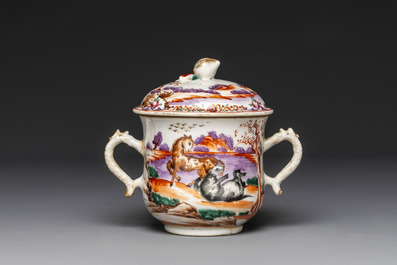 Four Chinese famille rose cups and saucers and a sugar bowl with design of two horses, Qianlong