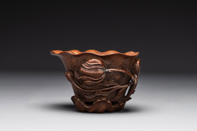 A Chinese carved bamboo 'lotus' libation cup, 17/18th C.