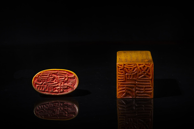 Two Chinese Shoushan soapstone seals, Qing