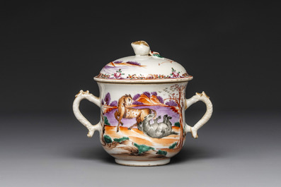 Four Chinese famille rose cups and saucers and a sugar bowl with design of two horses, Qianlong