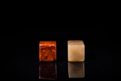 A Chinese 'chicken blood' soapstone seal and a russet jade seal, Qing