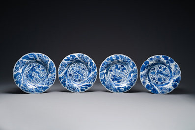 Four Chinese blue and white lobed 'phoenix and monkey' plates, flower mark, Kangxi