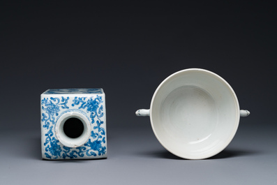 A Chinese blue and white square 'Long Eliza' flask and a covered bowl, Kangxi