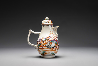 Four Chinese famille rose cups and saucers and an ewer with design of two horses, Qianlong