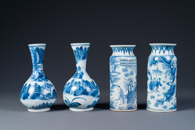 Two pairs of Japanese blue and white vases with figures in a landscape, Edo, 17th C.