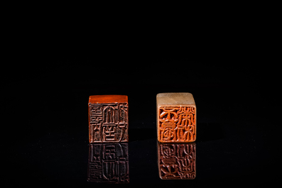 A Chinese 'chicken blood' soapstone seal and a russet jade seal, Qing