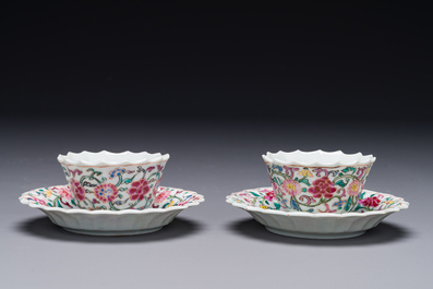 A pair of Chinese famille rose 'Xi Xiang Ji' cups and saucers, Yongzheng