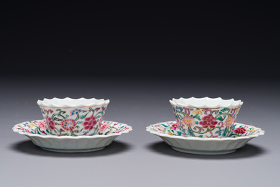 A pair of Chinese famille rose 'Xi Xiang Ji' cups and saucers, Yongzheng