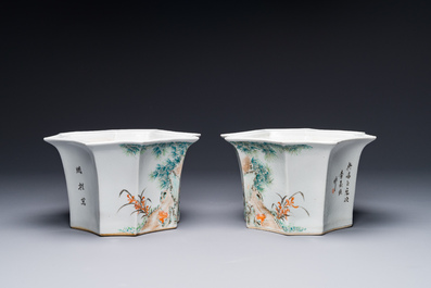 A pair of Chinese qianjiang cai jardinieres, signed Cha Yishun 查義順, 19/20th C.