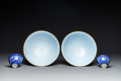 A pair of Chinese Canton enamel bowls and a pair of 'double-happiness' cups, Ruyi 如意 mark, Qianlong