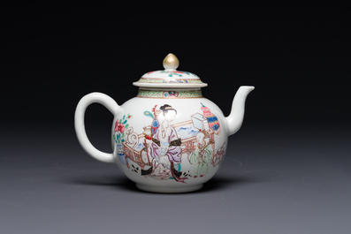 A fine Chinese famille rose teapot with a cat, lady and child, Yongzheng