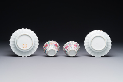 A pair of Chinese famille rose 'Xi Xiang Ji' cups and saucers, Yongzheng