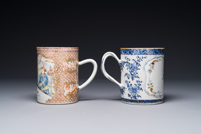 Two Chinese famille rose mugs with figurative and floral decor, Qianlong