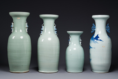 Quatre vases en porcelaine de Chine en bleu et blanc sur fond c&eacute;ladon, 19&egrave;me