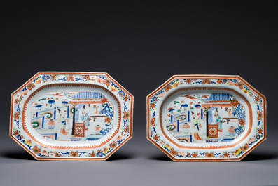 A pair of octagonal Chinese blue and white 'Xi Xiang Ji' dishes and a pair of famille rose dishes, Yongzheng