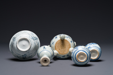 Two Chinese blue and white jars, a stem cup, a bowl and a censer, Chenghua mark, Ming