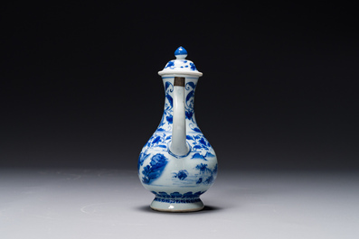 A Chinese blue and white 'fisherman and woodcutter' ewer and cover, Transitional period