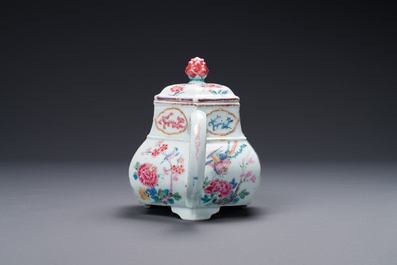 An exceptional large hexagonal Chinese famille rose teapot and cover, Yongzheng