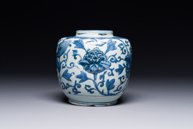 A Chinese blue and white 'Buddhist lion and lotus scroll' jar, Wanli