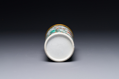 A Chinese famille verte cylindrical box and cover with gilt bronze mount, Kangxi