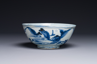 A Chinese blue and white bowl with figures in a landscape, Chenghua mark, Chongzhen