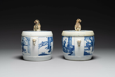 A pair of Chinese blue and white drum-shaped jars and cover, Jiajing mark, Kangxi