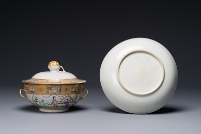 Un bol couvert et son assiette assortie en porcelaine de Chine famille rose de Canton, 19&egrave;me