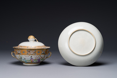 A Chinese Canton famille rose covered bowl and a matching plate, 19th C.