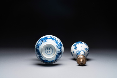 A Chinese blue and white bowl and a silver mounted vase, Shen De Tang Zhi 慎德堂製 mark, Kangxi