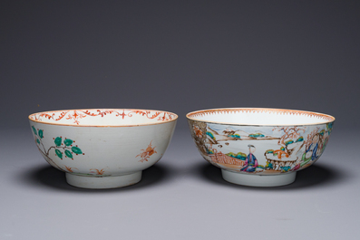 Un bol en porcelaine de Chine surd&eacute;cor&eacute; aux Pays-Bas et un bol famille rose de Canton &agrave; d&eacute;cor mandarin, Qianlong