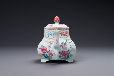 An exceptional large hexagonal Chinese famille rose teapot and cover, Yongzheng