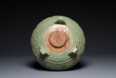 A large Chinese Longquan celadon 'trigrams' censer on wooden stand, Ming