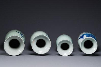 Quatre vases en porcelaine de Chine en bleu et blanc sur fond c&eacute;ladon, 19&egrave;me