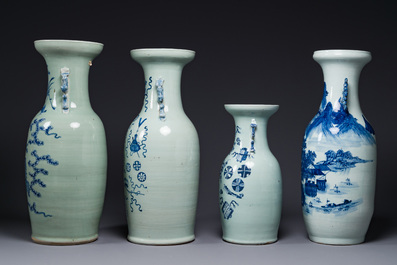 Quatre vases en porcelaine de Chine en bleu et blanc sur fond c&eacute;ladon, 19&egrave;me