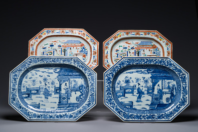 Une paire de plats de forme octogonale en porcelaine de Chine en bleu et blanc &agrave; d&eacute;cor de 'Xi Xiang Ji' et une paire de plats famille rose, Yongzheng