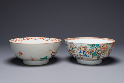 Un bol en porcelaine de Chine surd&eacute;cor&eacute; aux Pays-Bas et un bol famille rose de Canton &agrave; d&eacute;cor mandarin, Qianlong