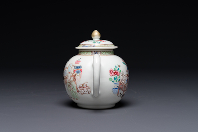 A fine Chinese famille rose teapot with a cat, lady and child, Yongzheng