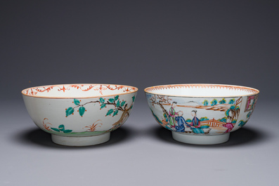 A Dutch-decorated Chinese bowl and a Canton famille rose 'mandarin subject' bowl, Qianlong