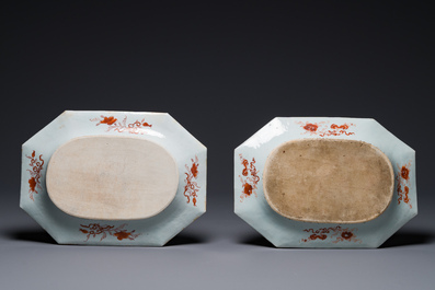 A pair of octagonal Chinese blue and white 'Xi Xiang Ji' dishes and a pair of famille rose dishes, Yongzheng