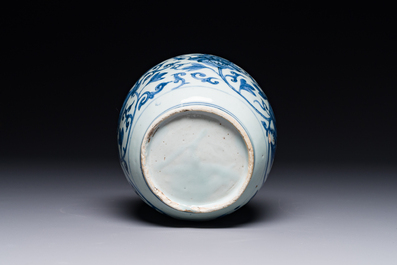 A Chinese blue and white 'Buddhist lion and lotus scroll' jar, Wanli